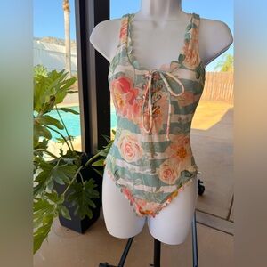 Floral Lace-Up One-Piece Swimsuit - Pastel Green & Peach Womens Size S/M